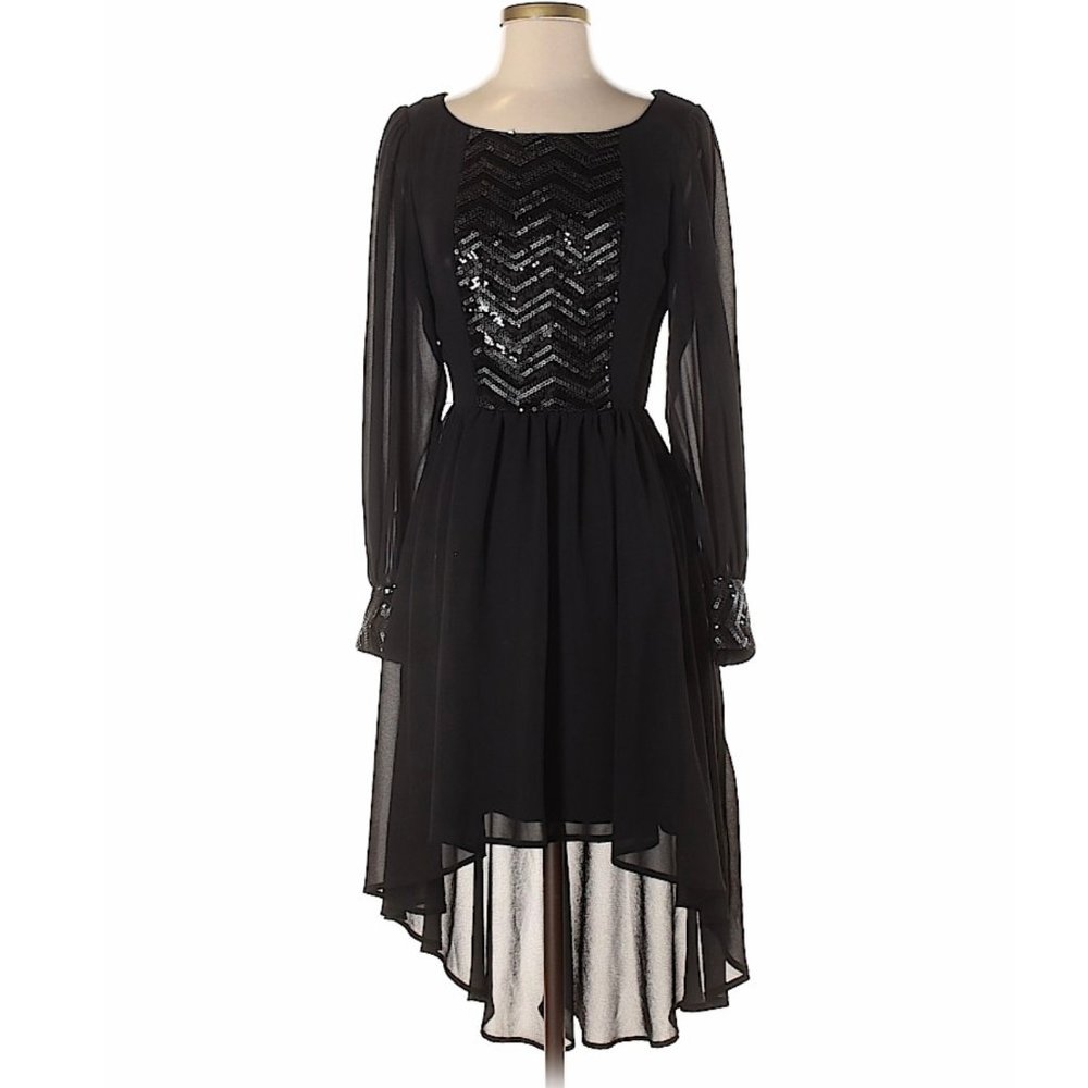 Gianni Bini Black Sequin Hi-Low Cocktail Dress | Long Sleeve | Size 5 - Picture 2 of 10